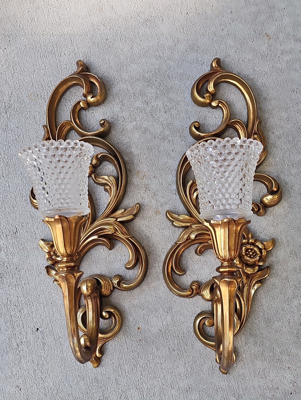 Ornate Gold Wall Sconce Pair with Clear Hobnail Glass Shades